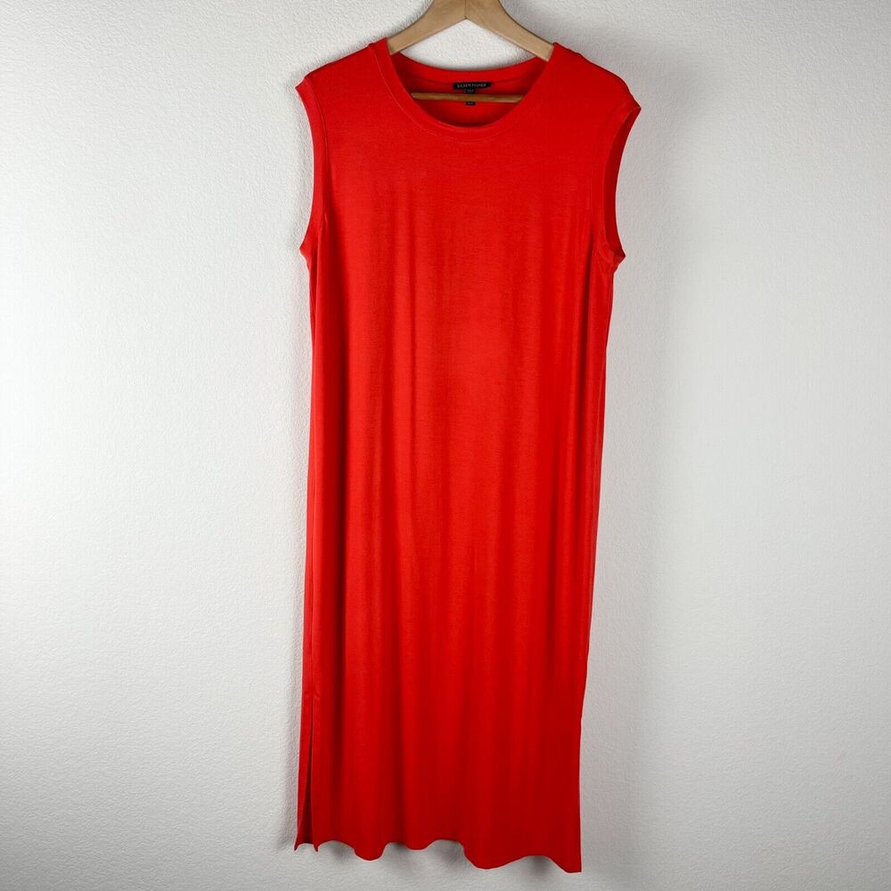 Eileen Fisher Jersey Dress Womens Medium Orange Midi Sleeveless Stretch Minimal